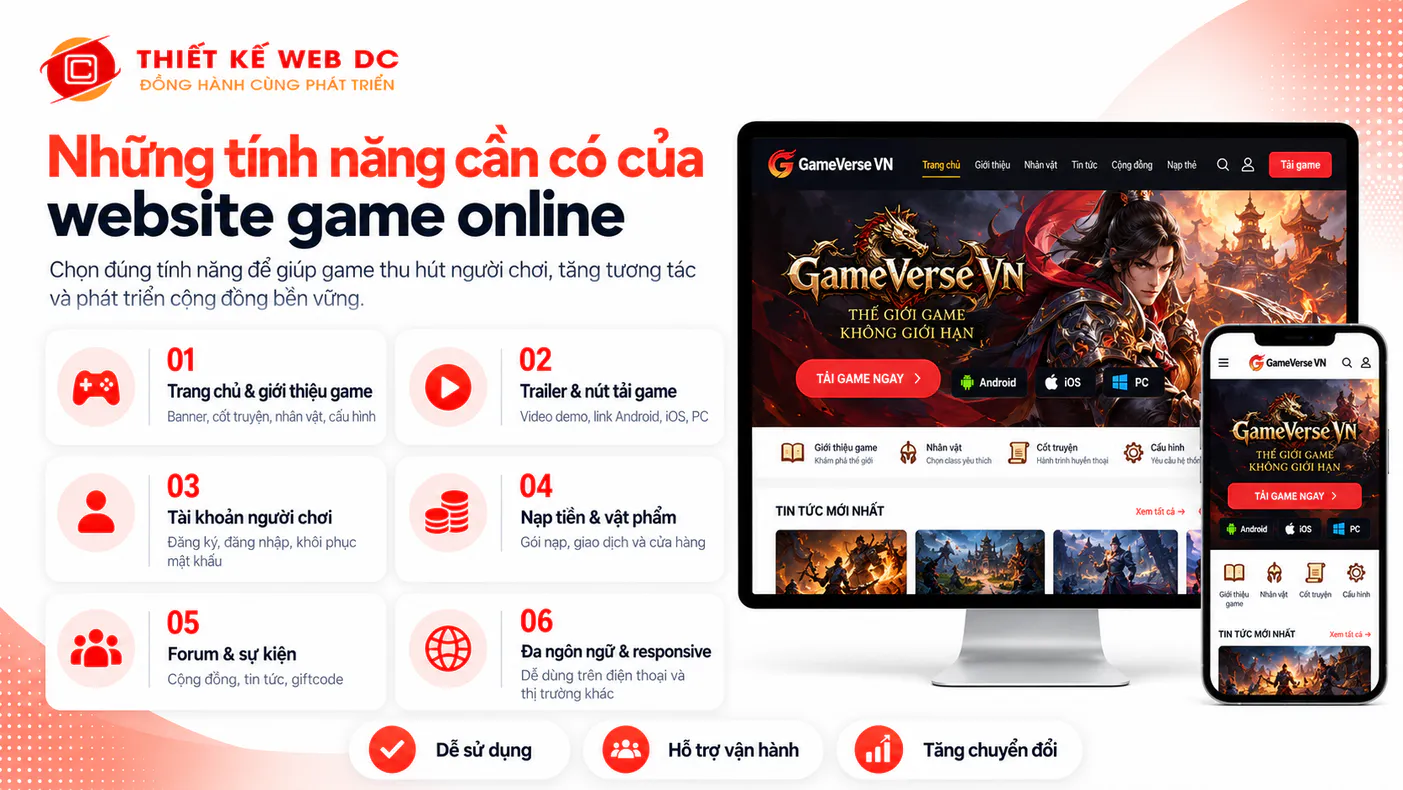 Tính năng website game online: trang chủ banner game, tài khoản và nạp tiền, cửa hàng vật phẩm, forum và sự kiện, đa ngôn ngữ