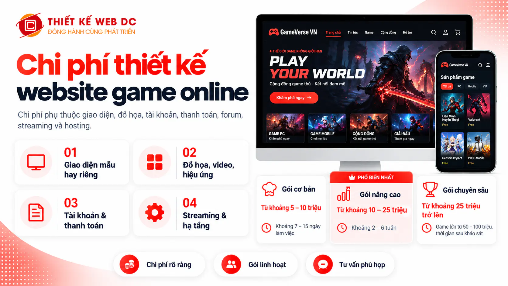 Chi phí thiết kế website game online theo giao diện mẫu hay riêng, đồ họa, tài khoản, thanh toán, forum, streaming, hosting