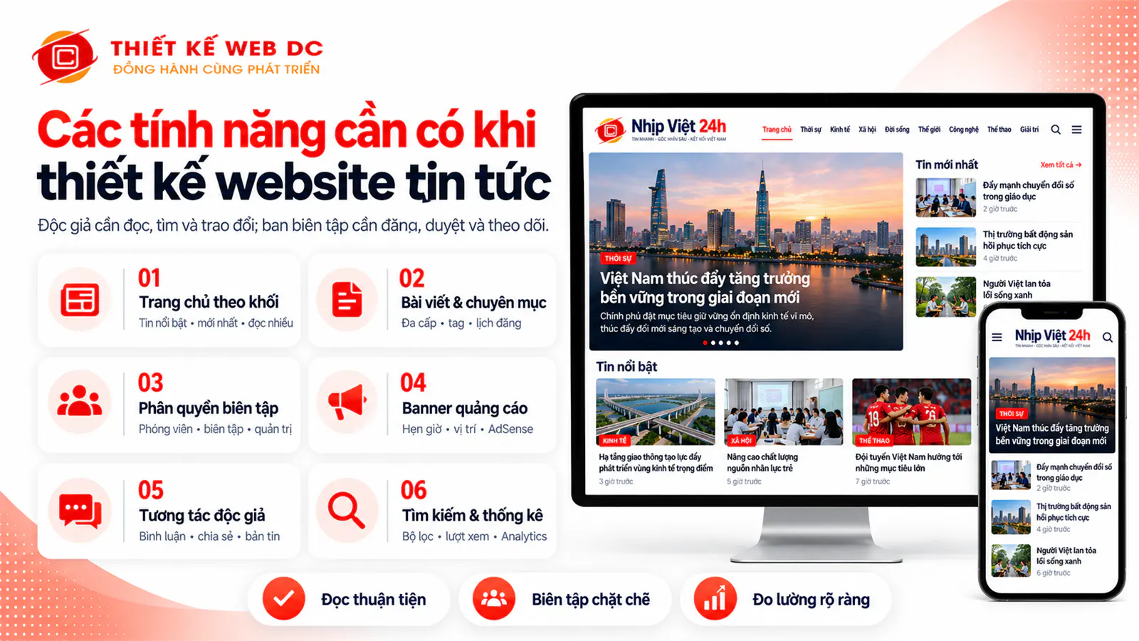 Tính năng website tin tức trang chủ gom tin nổi bật, chuyên mục và thẻ tag, banner theo vị trí, bình luận và bản tin, tìm kiếm,