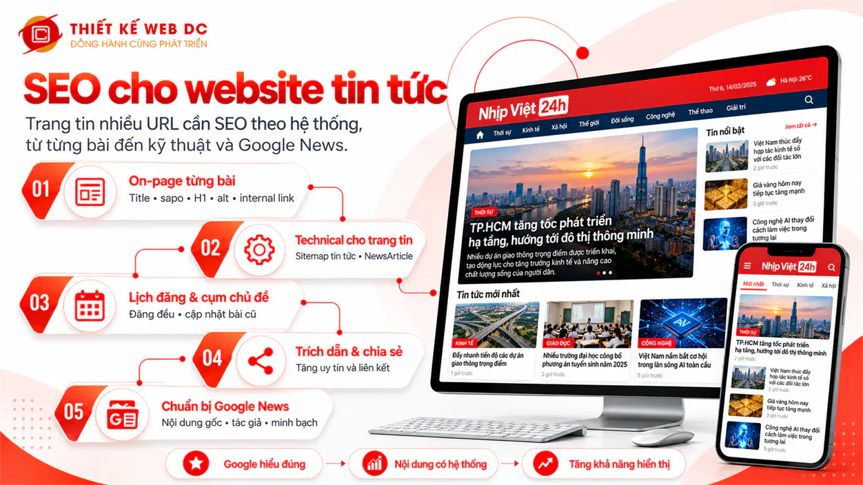 SEO cho website tin tức: on-page với title, sapo và liên kết bài, technical với sitemap và schema, content theo lịch đăng
