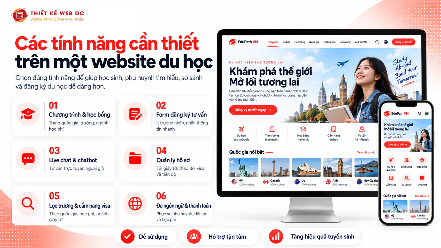 Tính năng website du họctheo trang chương trình và học bổng, form đăng ký tư vấn, live chat và chatbot, quản lý hồ sơ, thanh toán,