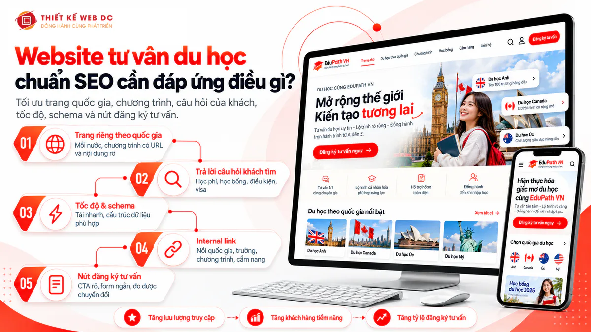 SEO website du học cho trang riêng cho từng quốc gia và chương trình, nội dung trả lời câu hỏi khách tìm, tốc độ và schema, internal link, nút đăng ký tư vấn