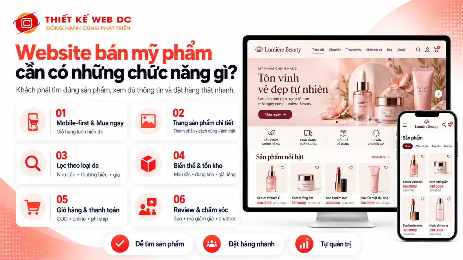 Các chức năng cốt lõi trên website mỹ phẩm như bộ lọc loại da giỏ hàng và đánh giá