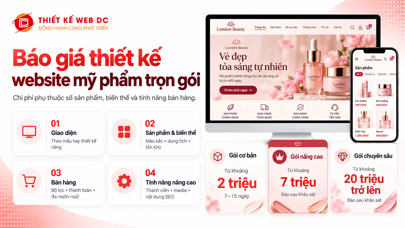 Bảng báo giá các gói thiết kế website mỹ phẩm và chi phí duy trì hằng năm