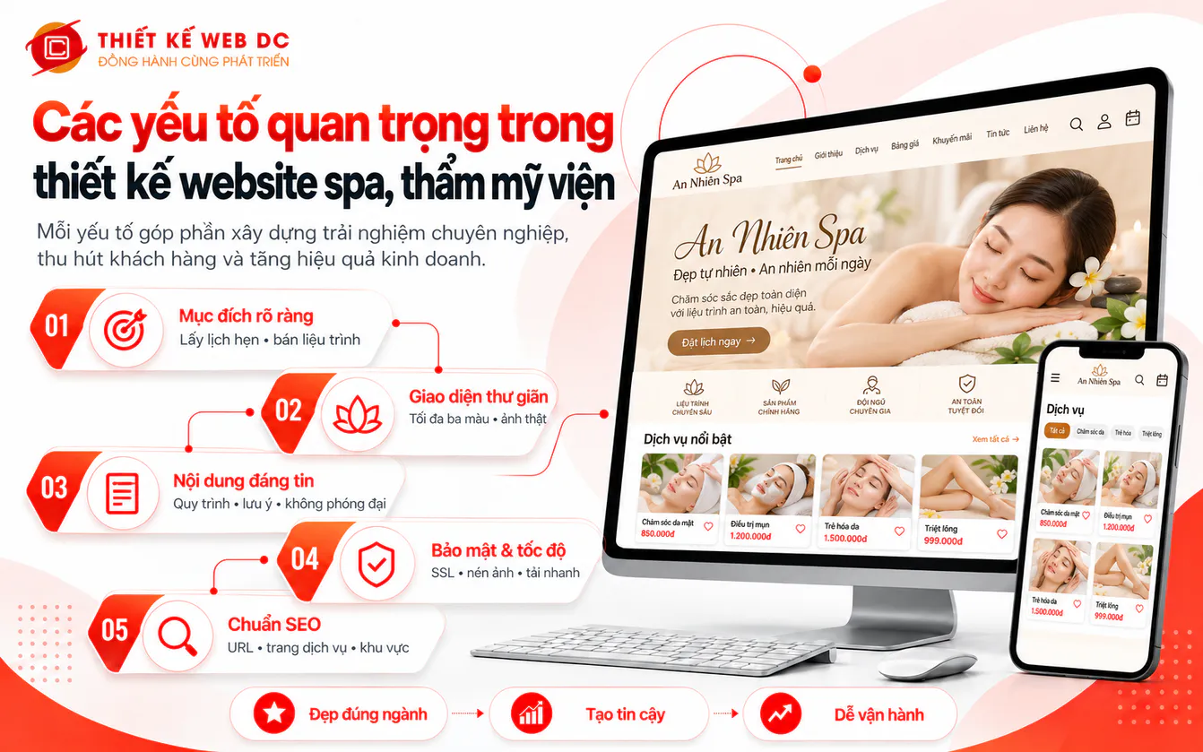 Tính năng website spa: cần có, nên có, làm sau: trang dịch vụ, trang đặt lịch hẹn trực tuyến, nút gọi, Zalo, Messenger và trang liên hệ