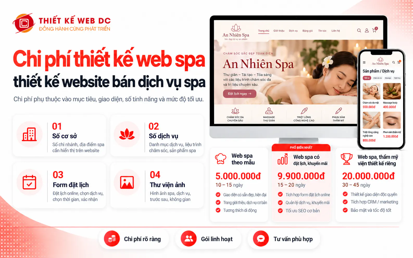 Bảng giá thiết kế website spa: web spa theo mẫu, web spa có đặt lịch, khuyến mãi, web spa, thẩm mỹ viện thiết kế riêng
