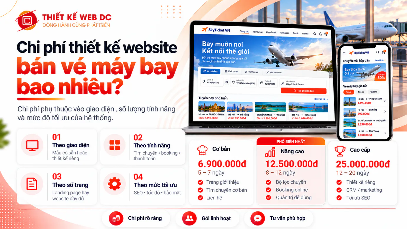 Bảng giá thiết kế website bán vé máy bay tại Thiết Kế Web DC