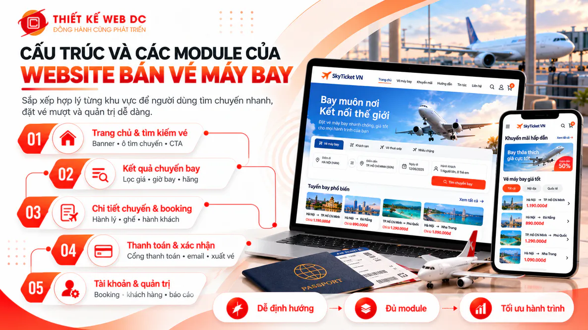 Sơ đồ cấu trúc trang và các module của website bán vé máy bay