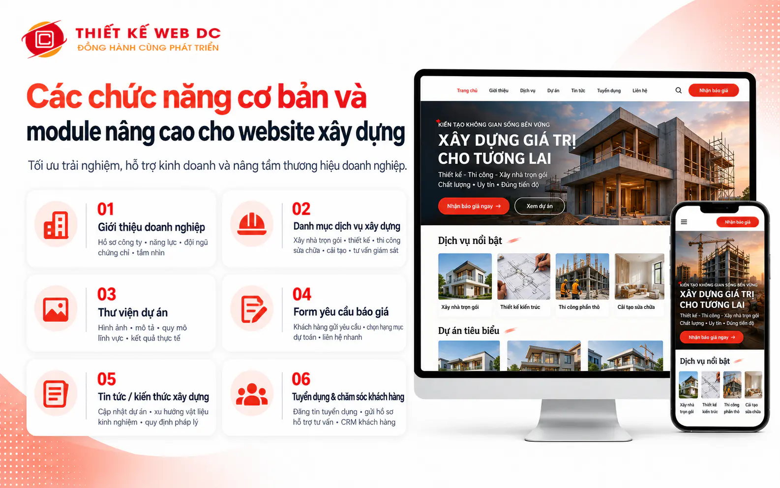 Chức năng website xây dựng gồm có trang giới thiệu dịch vụ dự án, trang dự án đã thi công, form yêu cầu báo giá