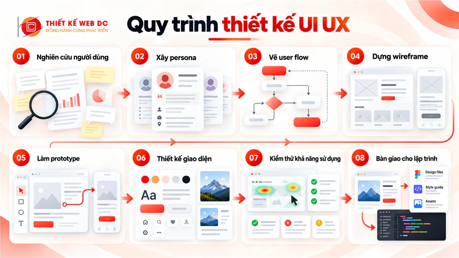 Quy trình thiết kế UI UX gồm tám bước từ nghiên cứu người dùng, wireframe, prototype đến bàn giao cho lập trình